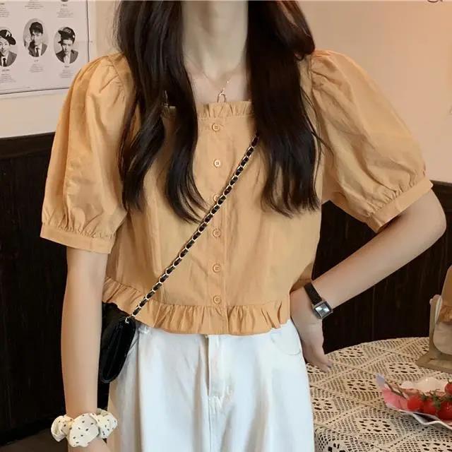 Picture of Short-Sleeved Women's New Spring/Summer 2022 Cute Casual Elegant Puff Sleeve Short Ruffled Square Neckline Top Ins