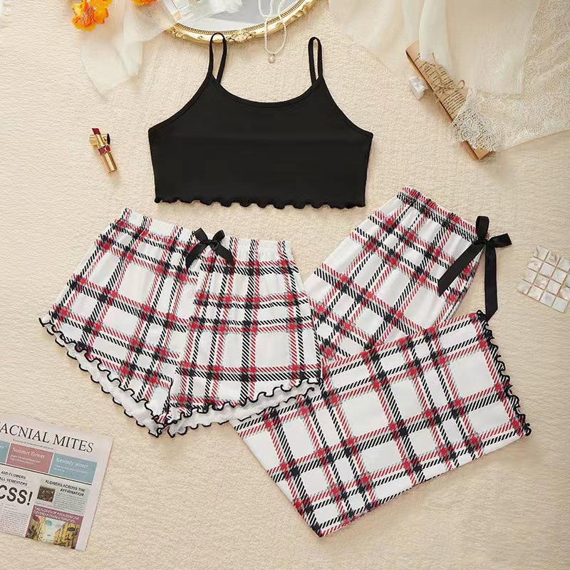 Plaid pjs pajamas three-piece women's spring and autumn cross-border Amazon new hot selling wholesale European and American Home wear