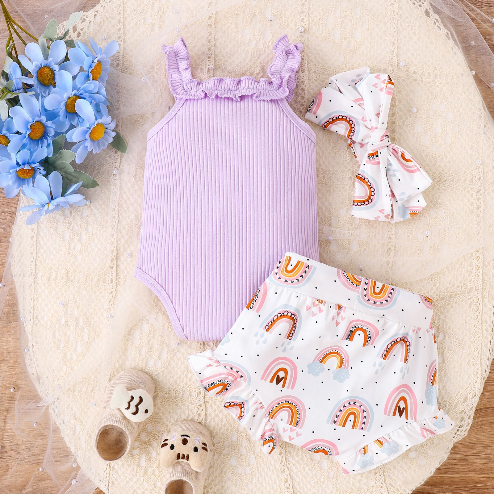 2023 Summer New European and American Style Baby Solid Color Lace Sling Hassel + Printed Shorts Bow Set