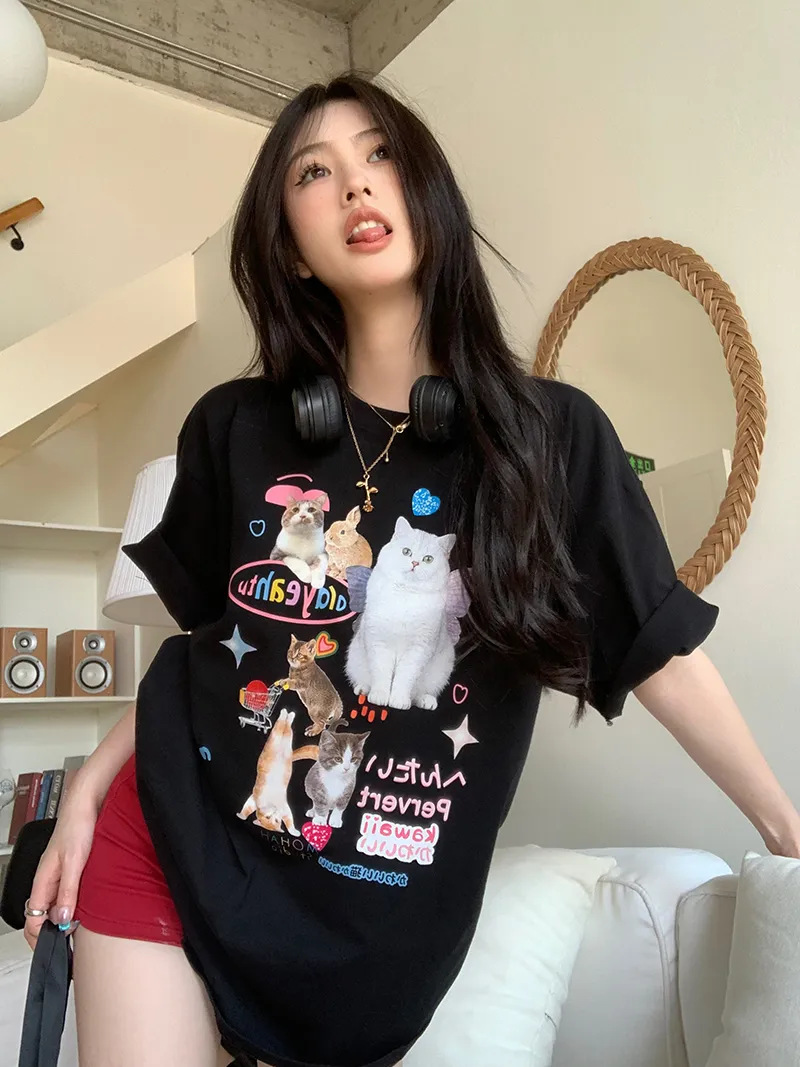 100 Cotton Short-sleeved T-shirt Women's Instagram Popular Korean-style Loose All-match Lazy Style Street-fried White Couple Top