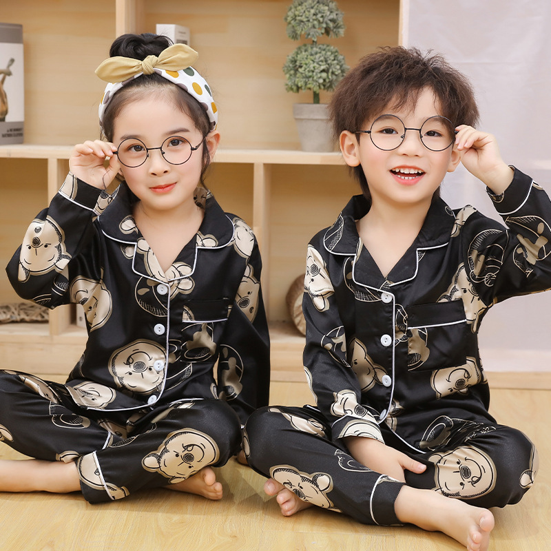 Amazon Foreign Trade Silk Children's Pajamas Spring and Autumn Cute Cartoon Loose Thin Ice Silk Home Clothes for Boys and Girls