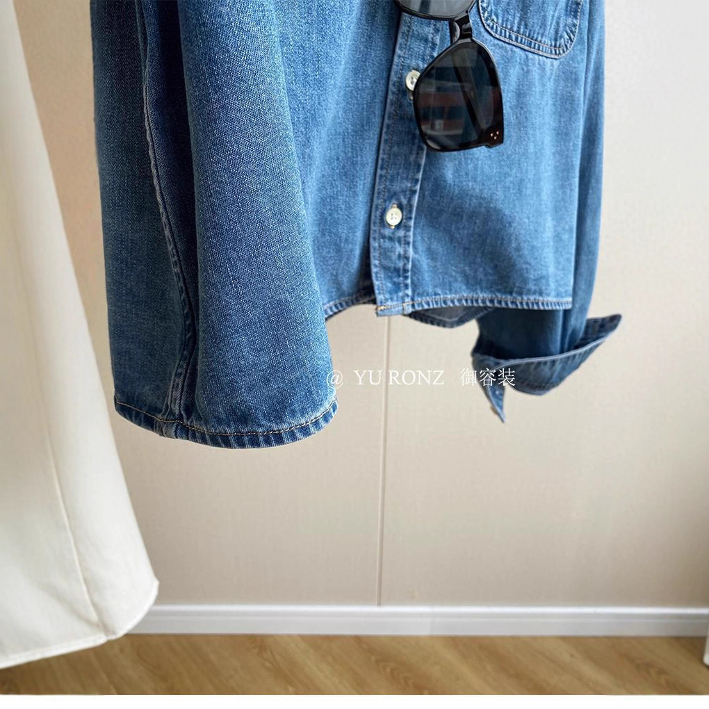 Picture of Blogger Accent ~ Fashionable, Simple and Versatile High-End Embroidered Flap Pocket Pants Cotton Short Denim Shirt for Women 2025 Spring & Fall Style