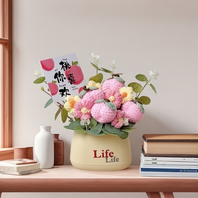 Picture of Creative bouquet knitted flowers diy material hand-woven potted finished desktop ornaments send goddess send mother
