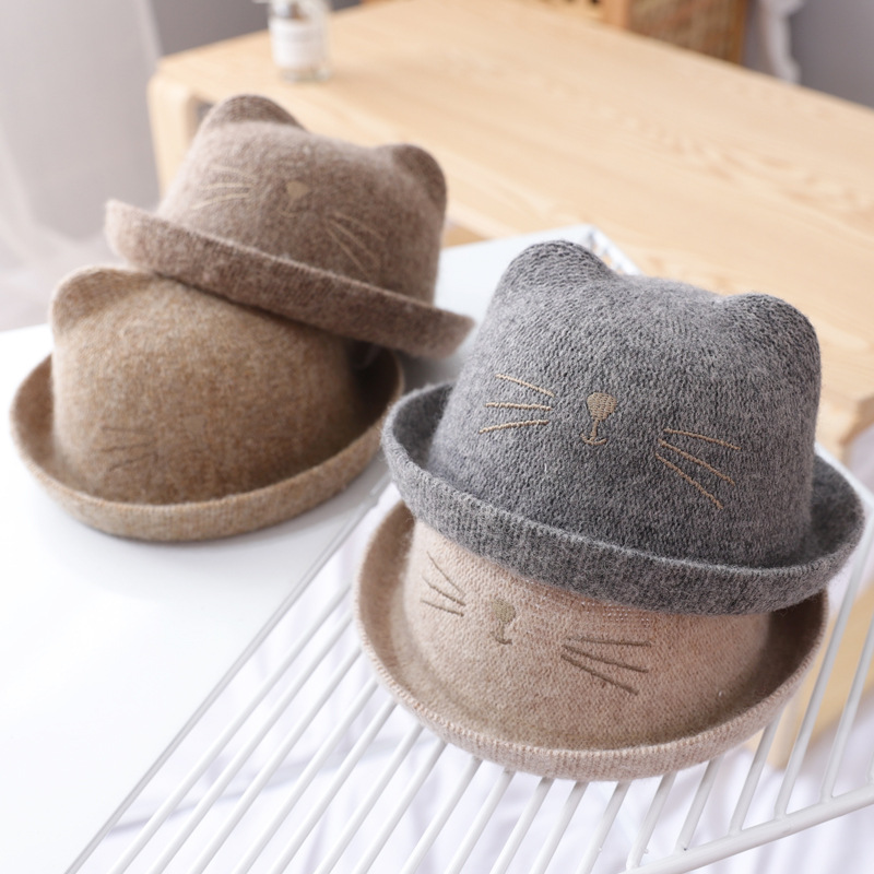 New wool thread children autumn and winter basin hat embroidery cute kitten warm fisherman hat baby hat