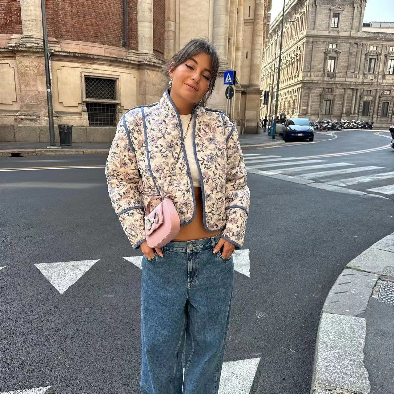 ZA Women's French Style New Fashion Patchwork Printed Cardigan Cotton-padded Clothes Autumn and Winter New Buckle-free Cotton-padded Jacket