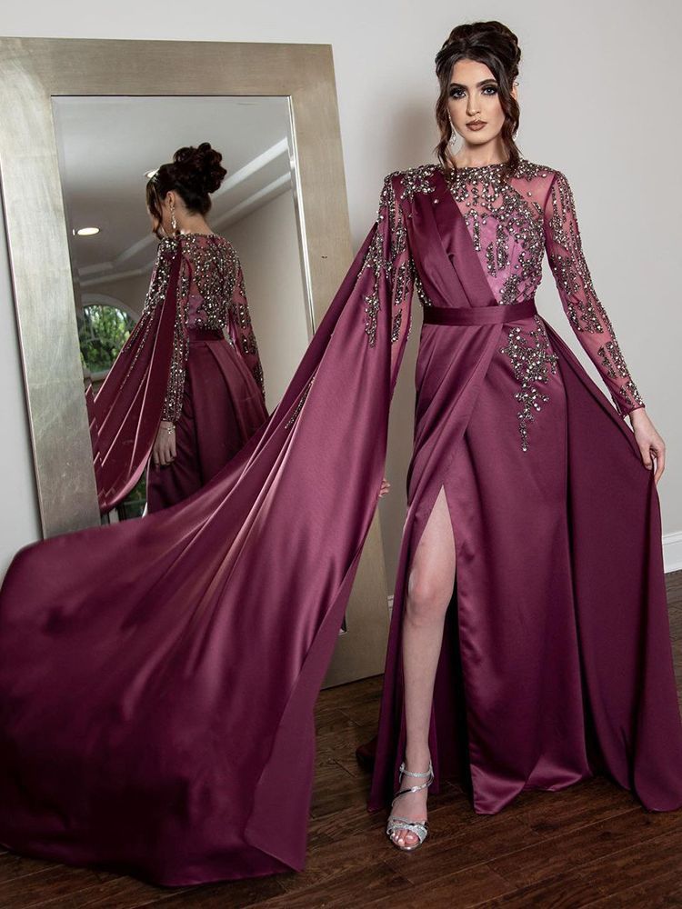 Purple light luxury high-grade satin beaded fishtail slim dress host banquet toast dress LA71456
