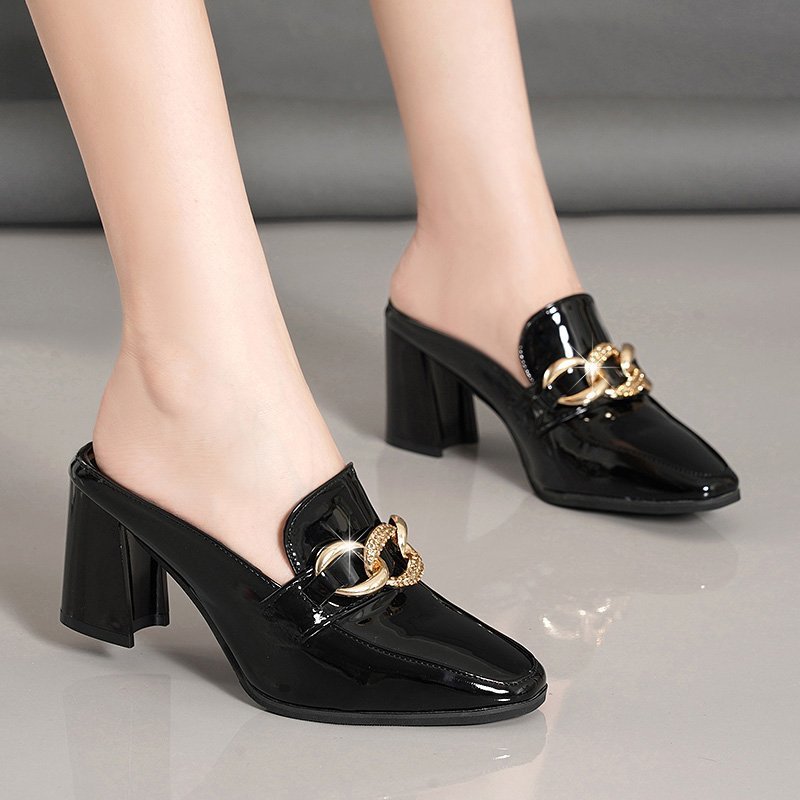 Baotou Half Slippers Women's Outer Wear Spring and Summer 2024 New High Heels Fashion Buckle Square Head Retro Chunky Heel Sandals