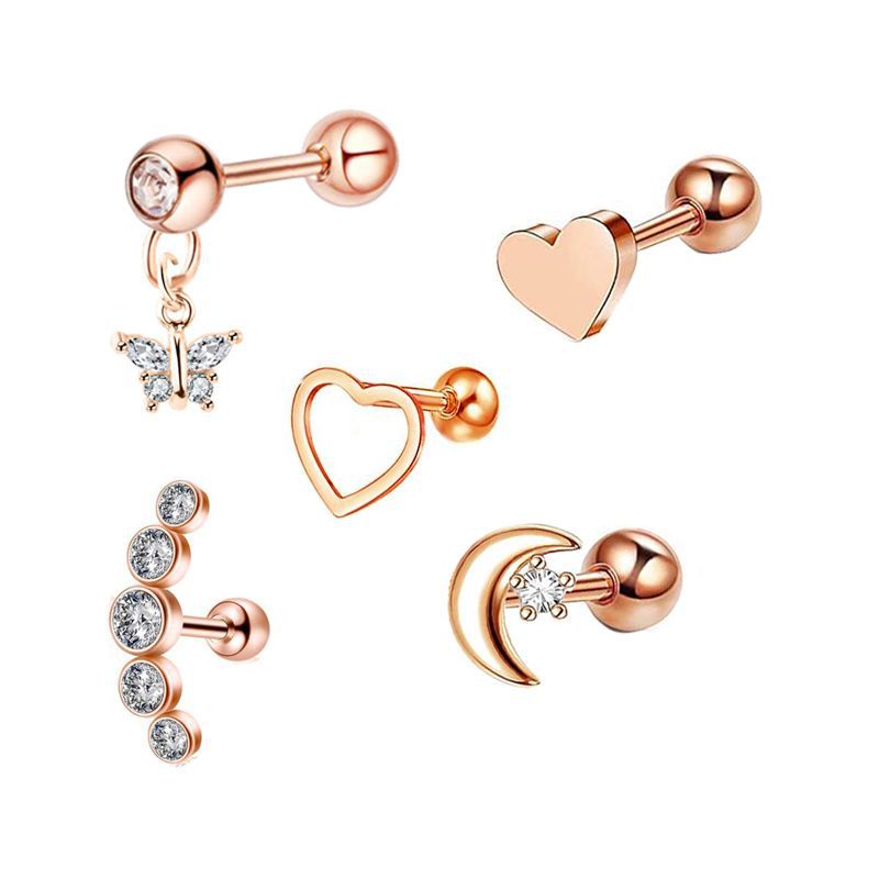 Picture of 5-Piece Set of Amazon Geometric Stainless Steel Zircon Earrings Cross-Border European and American Piercing Jewelry Silver Twisted Tooth Earrings