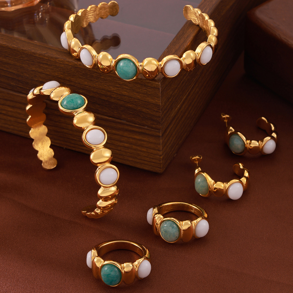 European and American Cross-border Hot Sale Oval Natural Stone Open Bracelet Women's Titanium Steel Gold Plated Vintage Simple Earrings Ring suit