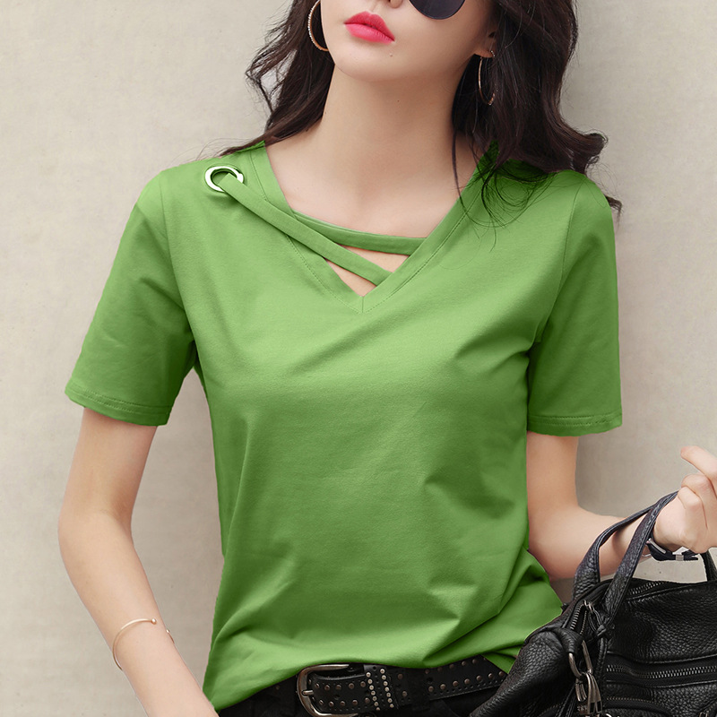 Short-Sleeved Women's 2025 New Summer White T-Shirt, Women's V-Neck Loose Korean Style Black Top, Casual Ins-Style Trendy Shirt