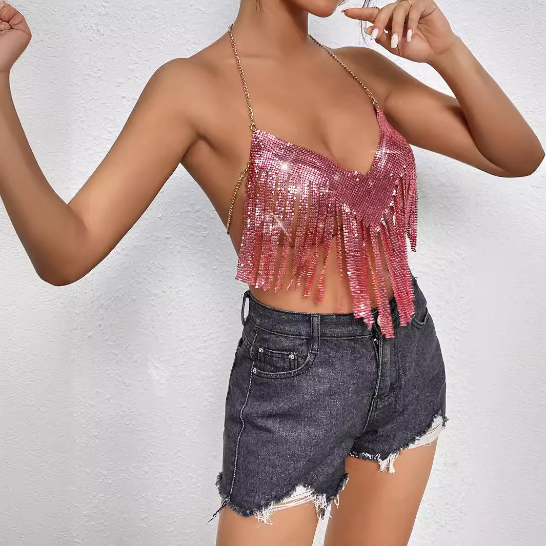 Cross-border 2024 European and American Foreign trade AliExpress new women's clothing ins sexy nightclub metal tassel top Z21217