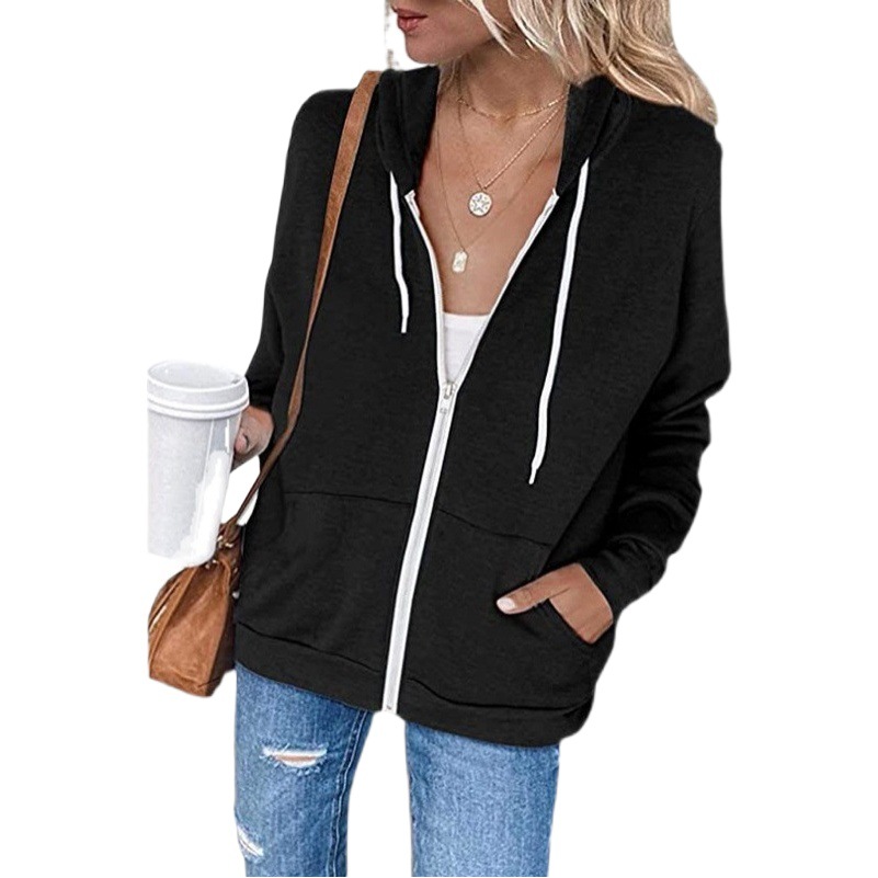 2021 Amazon Europe and the United States cross-border autumn and winter explosions solid color long sleeve pocket drawstring hooded zipper thickened sweater