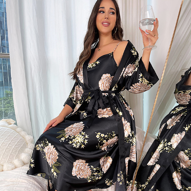 Dennlin plus size pajamas women's long silk-like sexy nightdress suit fashion casual loose printed pajamas