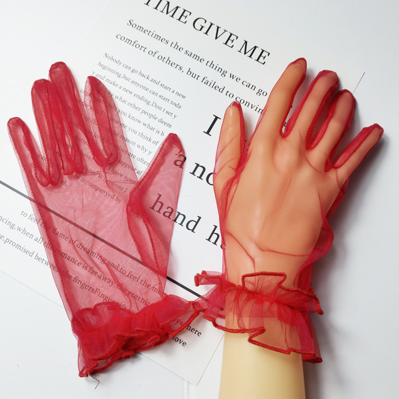 Picture of Transparent Short COS Gloves play Colorful Mesh Bag Finger Wedding Evening Dress Sexy Accessories Black Lace DIY