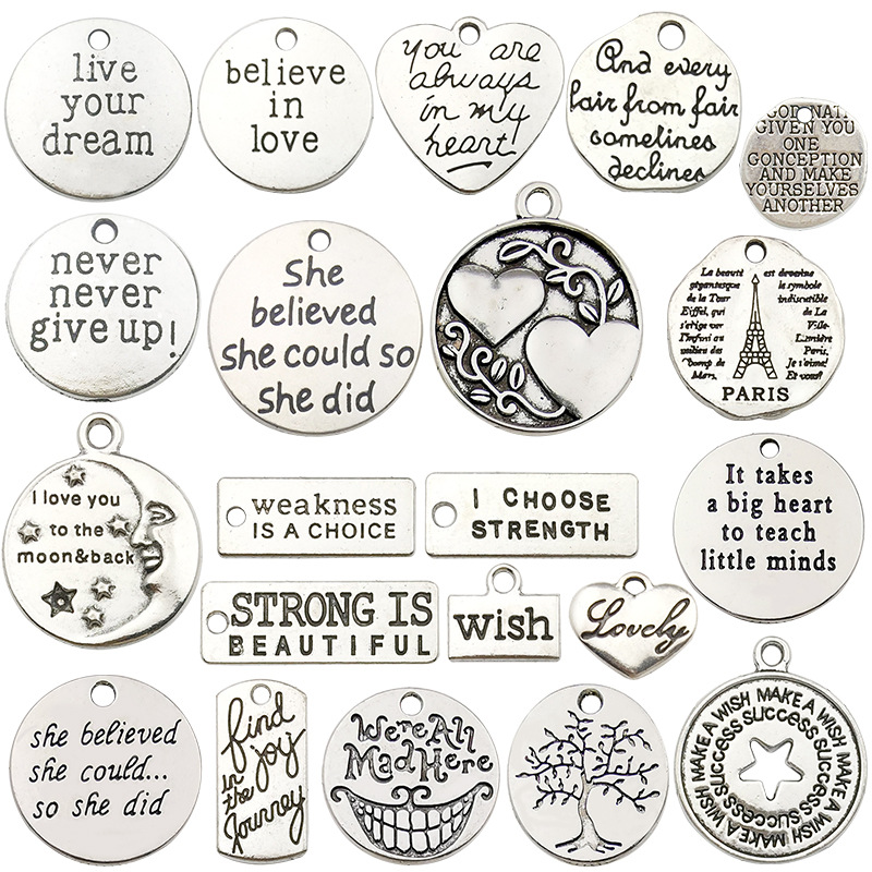 20 Inspirational English Letter Pendants DIY Bracelets Necklaces Earrings Accessories Zinc Alloy Jewelry Pendants Silver