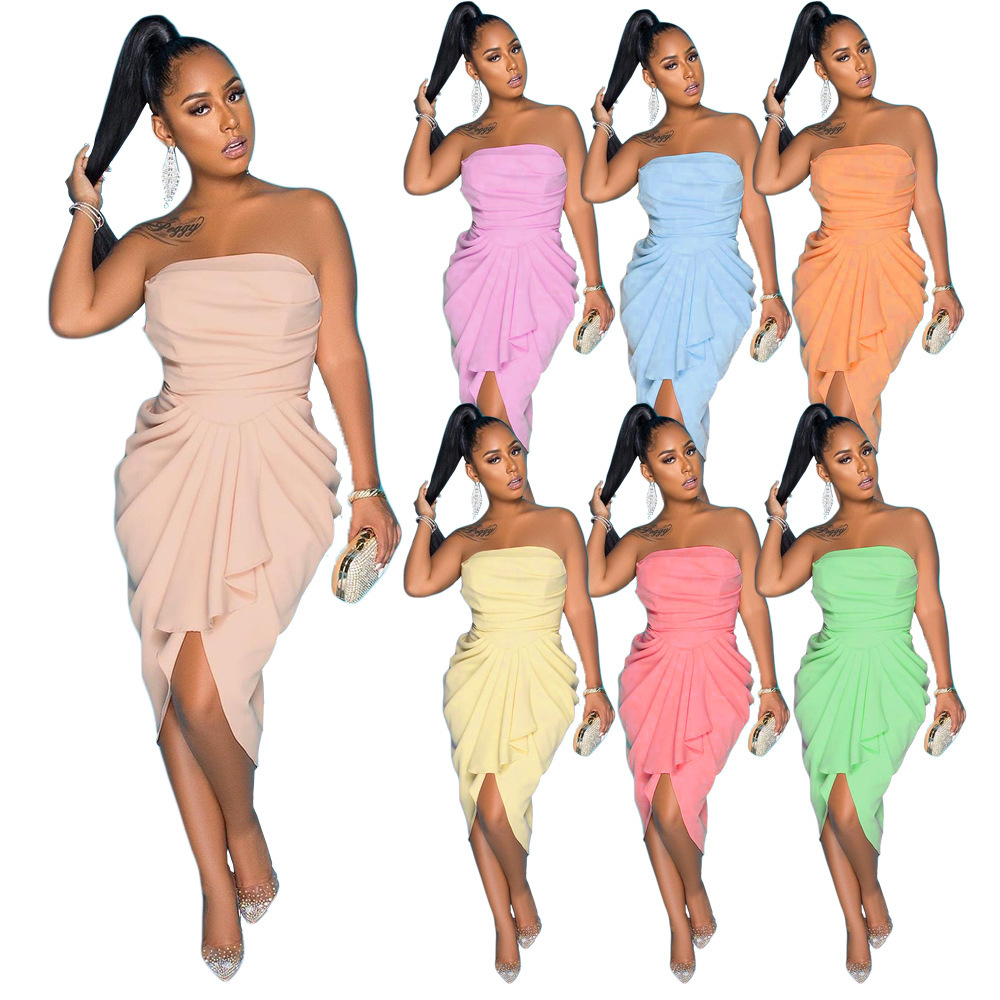 Amazon European and American Women's Sexy Strapless Strapless Dress Waisted Slim-fit Solid Color Pleated Dress