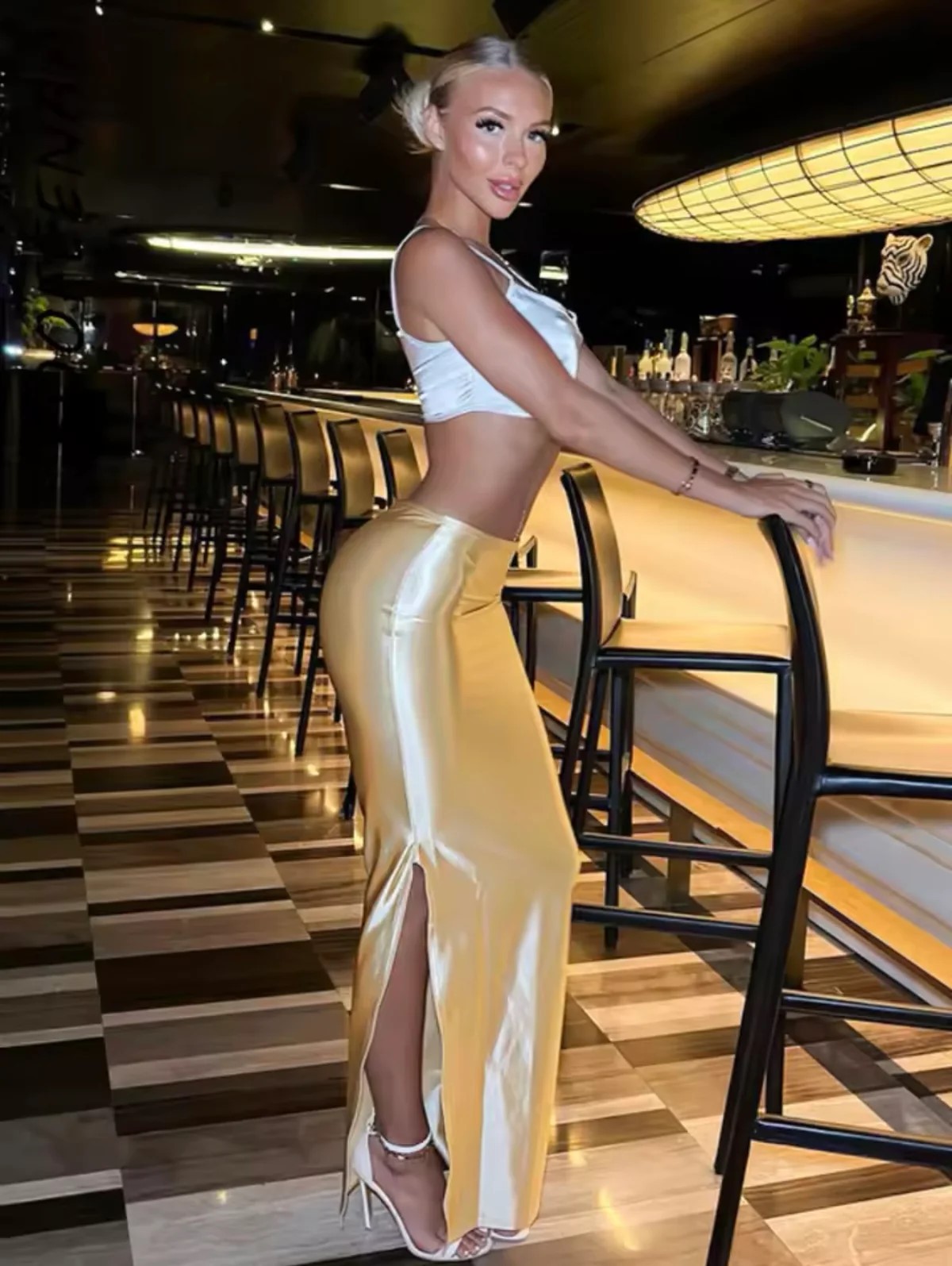Picture of Europe and the United States cross-border foreign trade women's summer new solid color personality bright light drape satin split slim hip skirt