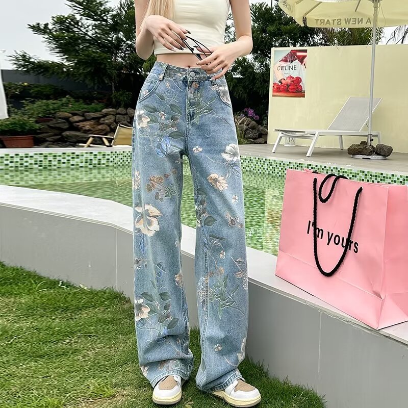 Flower Pants Women 2024 New Arrival Printed Jeans Floral Trendy High Waist Slimming Straight Distinctive Wide Leg Pants Trendy