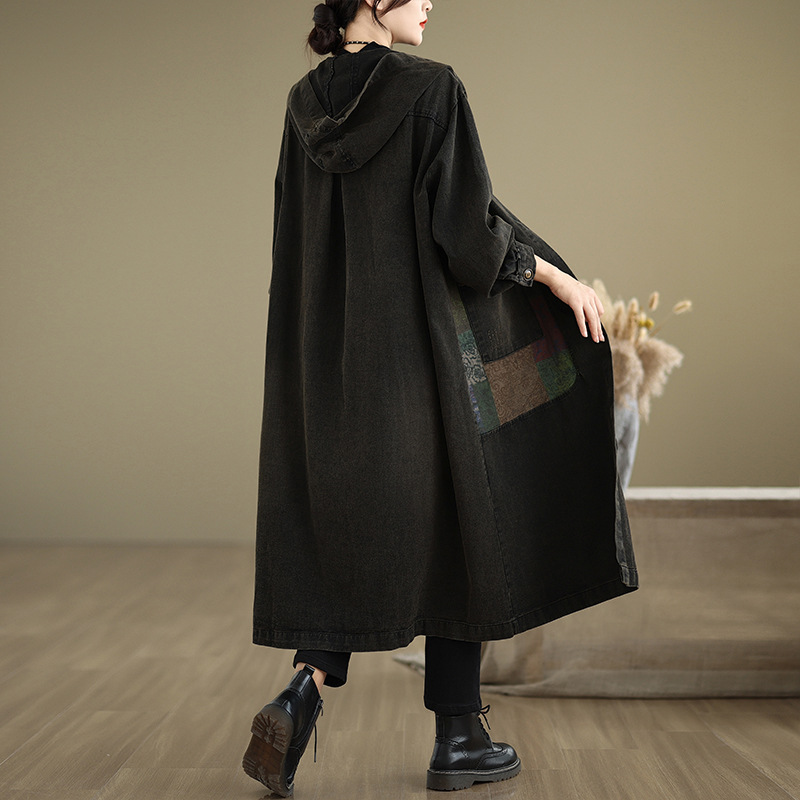 Picture of Real shot in stock autumn coat vintage stitching hat Denim coat loose large version long windbreaker coat