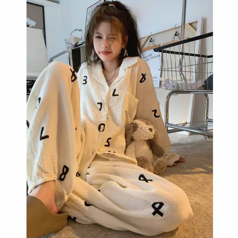 South Korea pajamas Women's Spring and Autumn long sleeve ins style cotton yarn simple cardigan letter girl cotton home wear suit