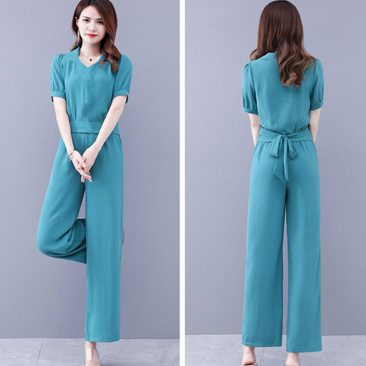 Picture of Popular Set Women's Summer 2022 New Fashion Professional Foreign Temperament Age-reducing Goddess Fan Belly-covered Two-piece Wide-leg Pants