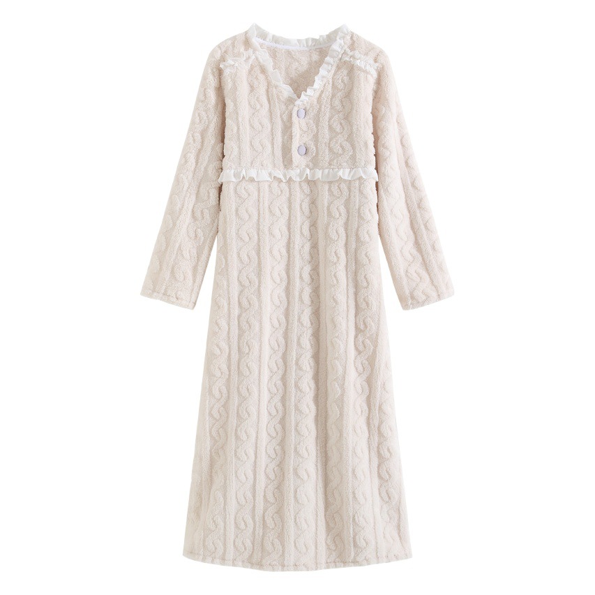 Women's long-sleeved fleece-lined nightdress winter thickened warm double-sided flannel coral fleece long homewear outdoor pajamas
