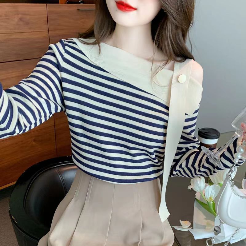 Contrast Striped Sweater Base Shirt Women's Spring and Autumn New Design Korean Style Oblique Collar Open Shoulder Sweater Top