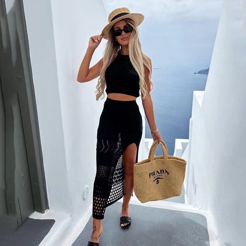 Cross-border European and American sexy beach skirt set summer sleeveless knitted short top long split skirt for women