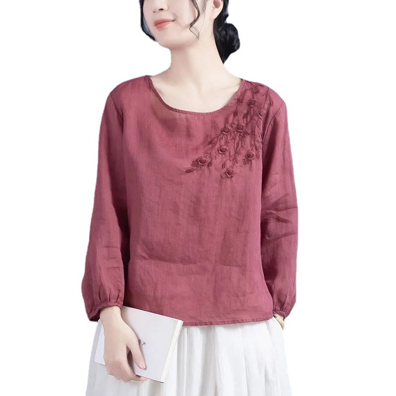 Picture of Chinese Style Shirt Women's 2023 New Spring Cotton and Linen Artistic Retro Embroidered Top Design Long Sleeve Thin Shirt