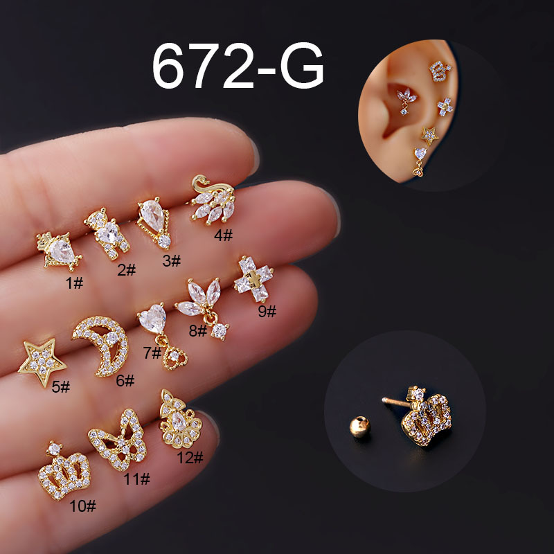20g Titanium Steel Thin Rod Zircon Ear Bone Nail Butterfly Crown Star Moon Screw Ear Nail Fashion Earrings Single