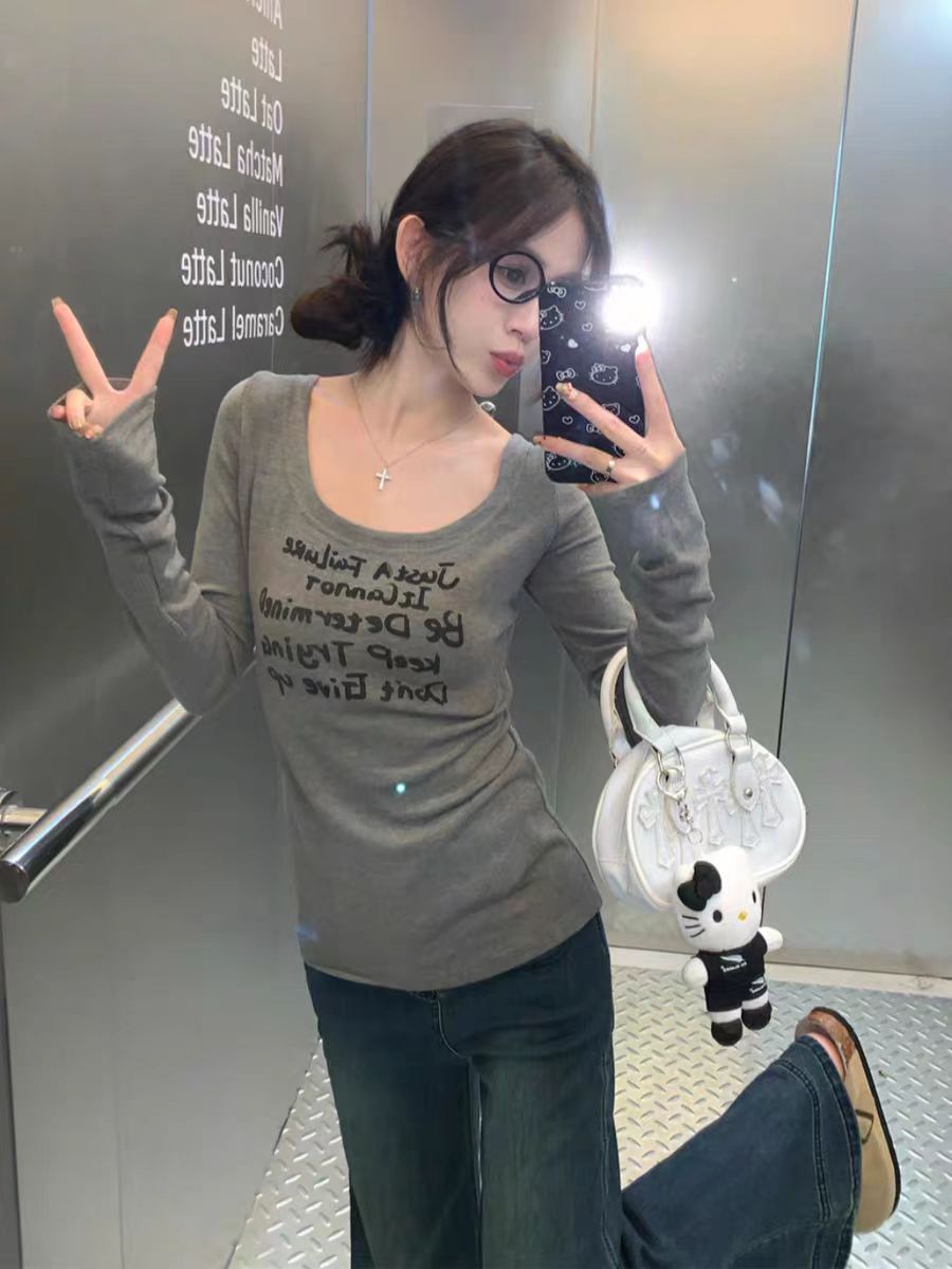 American Style Hot Girl U-Shoulder Long-Sleeved T-Shirt Women's Autumn Grey Slim-Fit Inner Base Shirt T-Shirt Design Sense Top