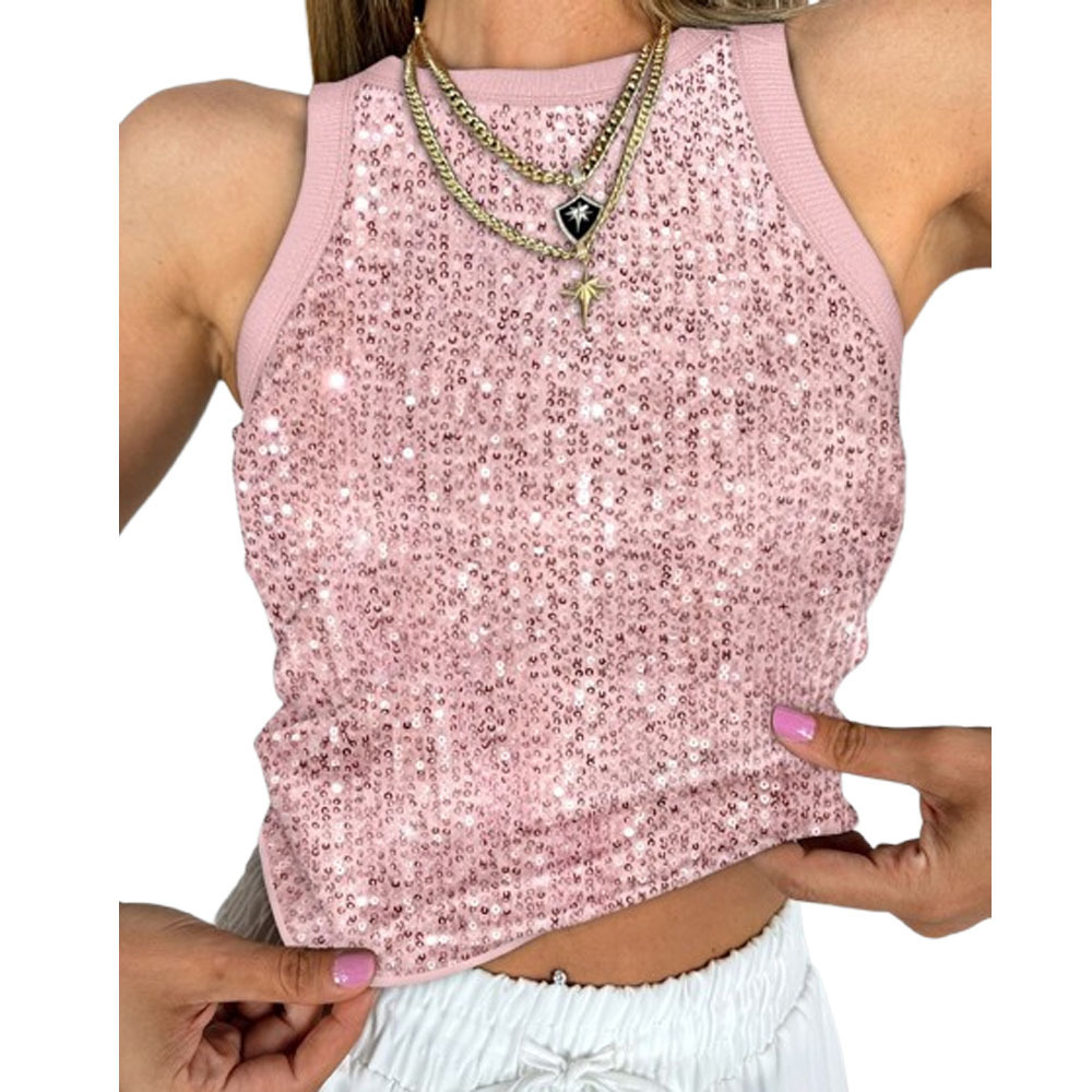 Picture of Amazon European and American New Sequin Vest Women's Sexy Round Neck Base Inner Wearing Top