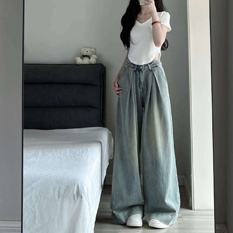 Retro Wide-Leg Jeans for Women Summer 2025 Spring and Summer New High-Waisted Loose Slimming Look Straight Draped Floor-Length Pants
