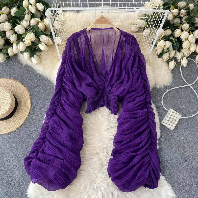 Picture of 2025 New Korean Style Pleated Short Puff Sleeve Chiffon Shirt Summer Versatile Outer Collar Temperament Short Top