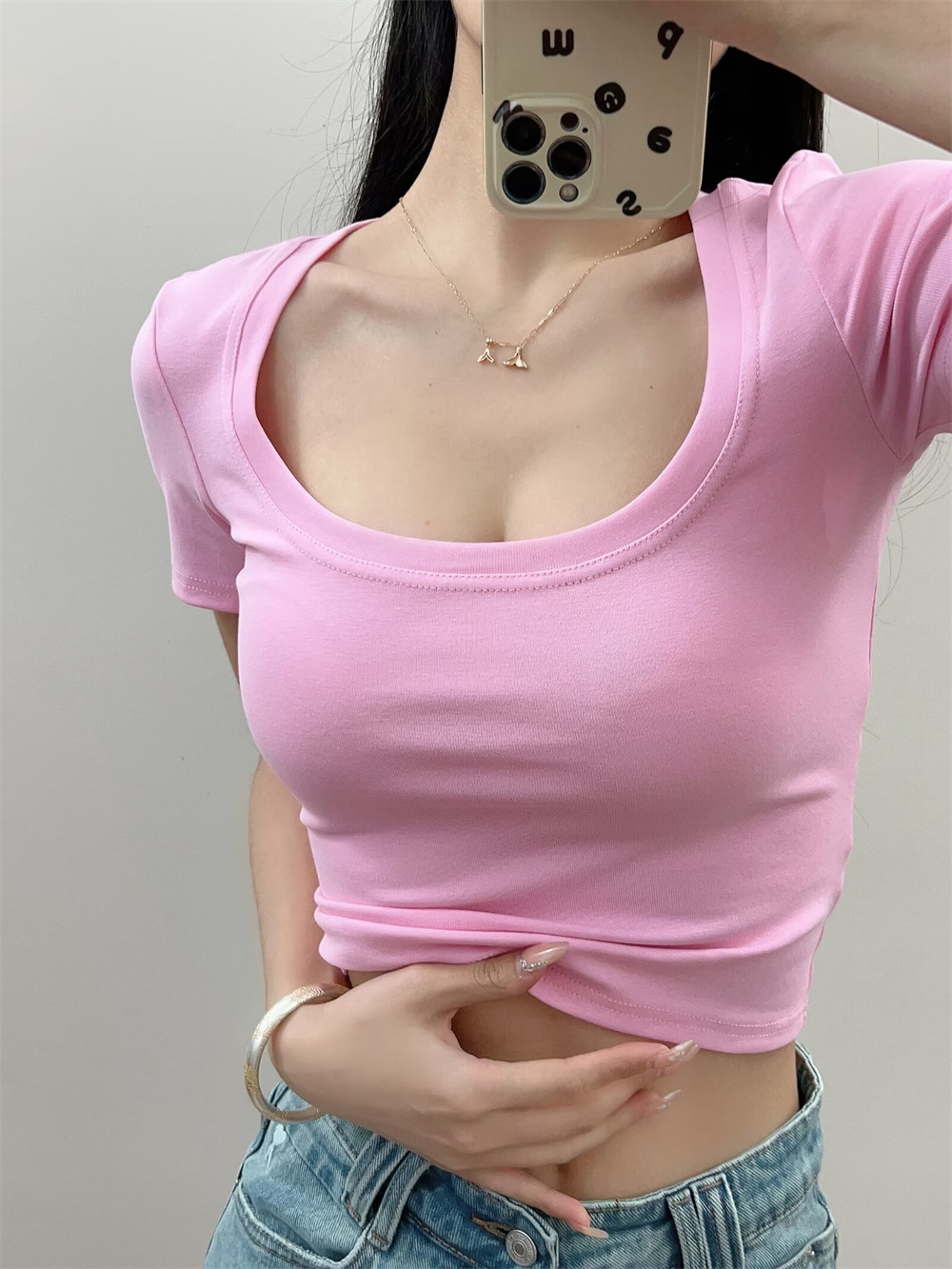 YPFF Trendy Women's Clothing European and American Summer New Spice Girl Stretch Short-sleeved T-shirt Square Collar Short Navel Slimming Top