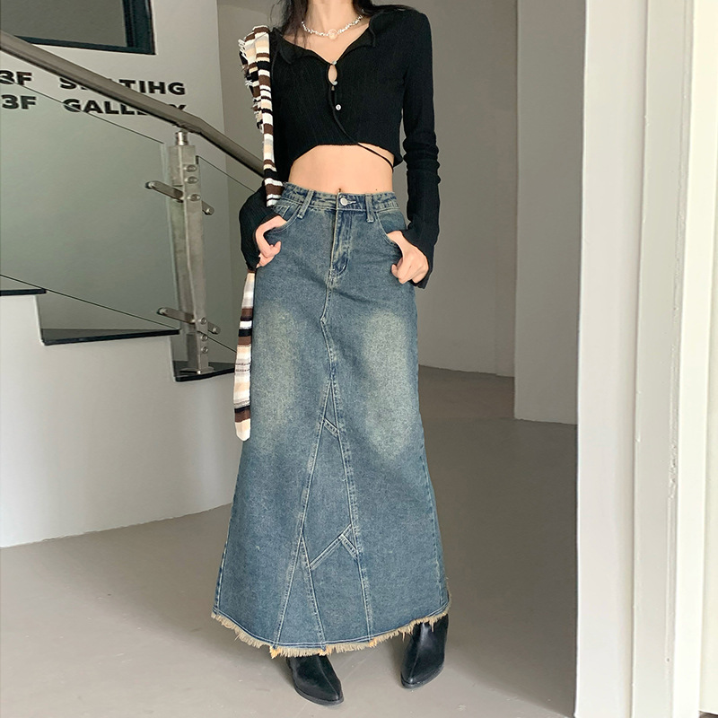 2022 Autumn New stitching frayed design high waist retro blue split denim skirt women's Jeans Skirts