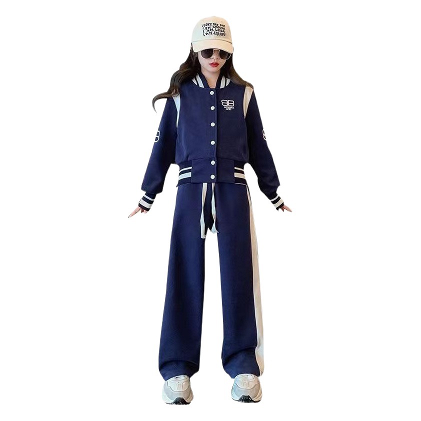 Girls' Spring and Autumn Outfit Set for Older Children, Trendy Korean Style Internet Celebrity Fashionable Girls' Baseball Jacket, Popular Autumn Children's Clothing