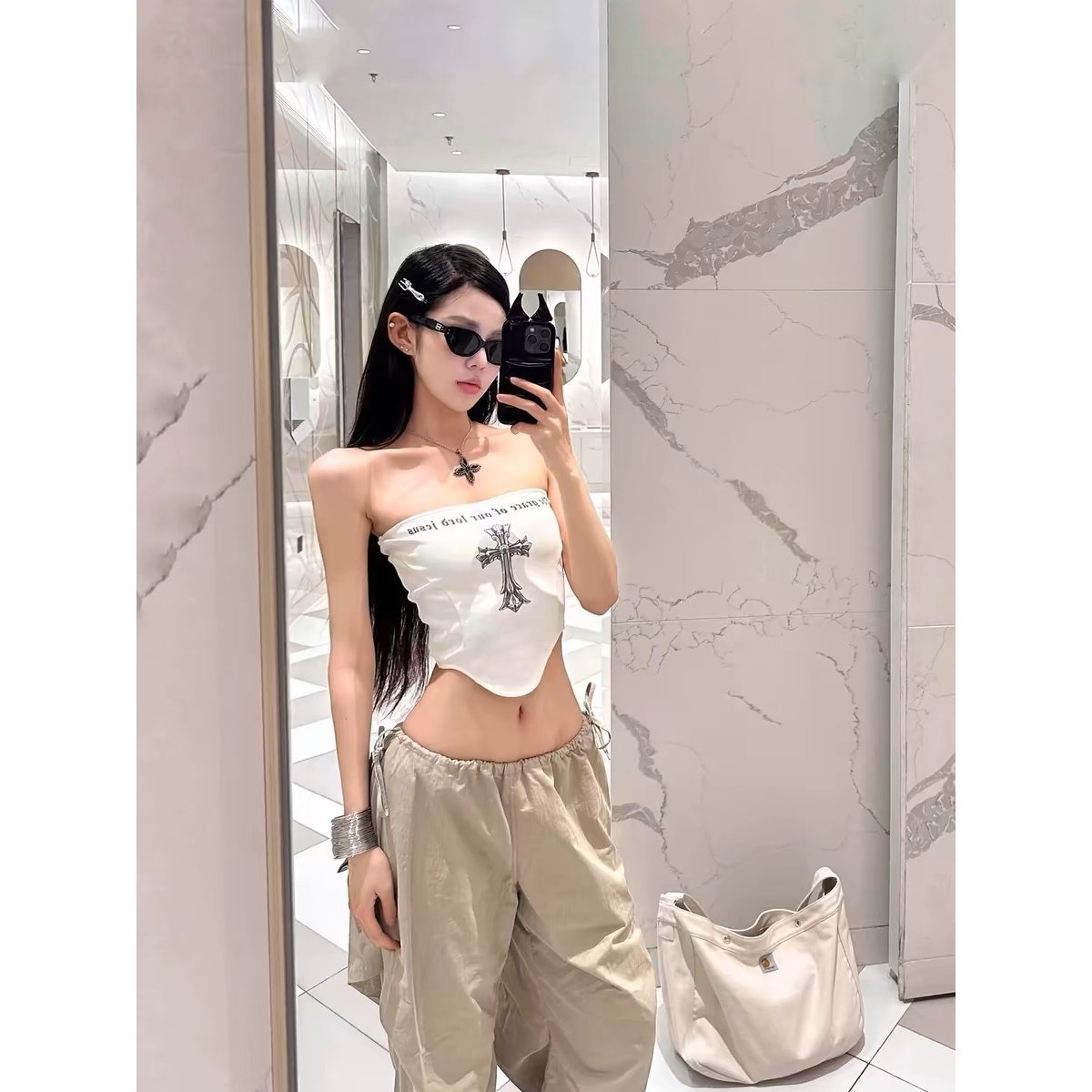 Tube Top Sleeveless Top Sexy Short 2025 New Sexy Printed Cross Spring and Summer Pure Desire White Female