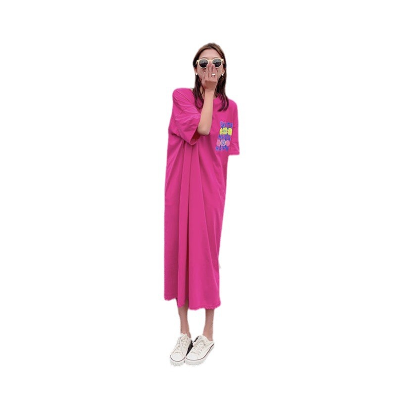 Picture of Korean Plus Size Women's Dress Summer Fat mm Long Short-Sleeved T-Shirt Women's Loose Slit Long Skirt Bottoming Shirt for Women