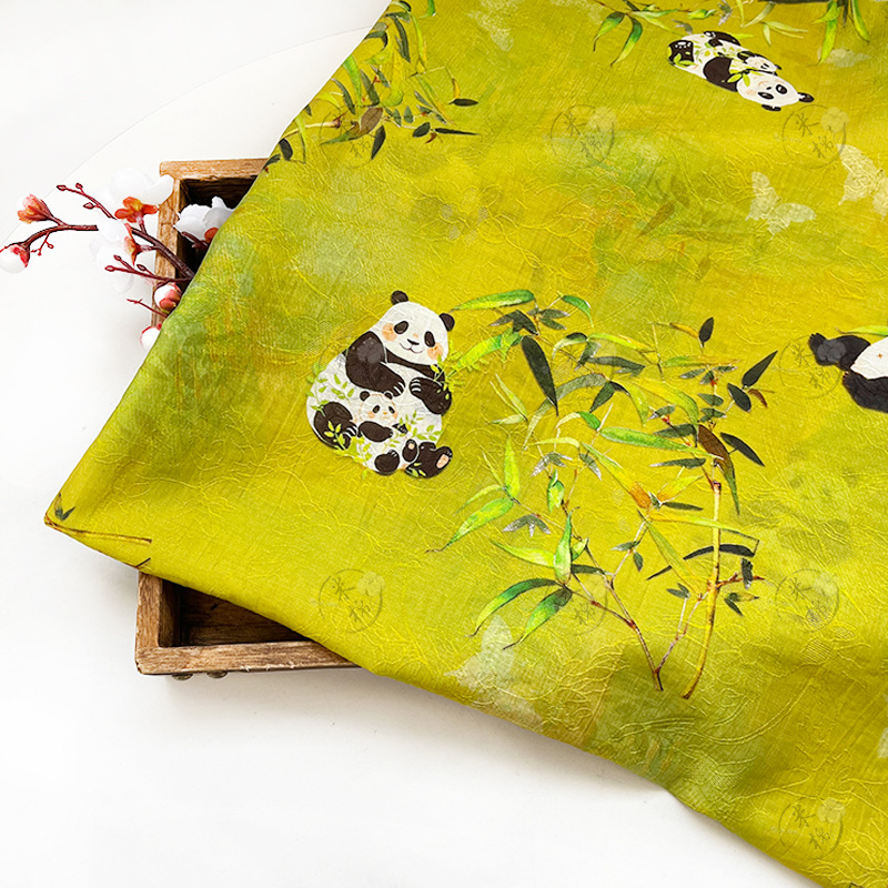 Spring warmth, panda play, bamboo branch, Tencel jacquard fabric, national style Hanfu cheongsam dress fabric, handmade DIY fabric