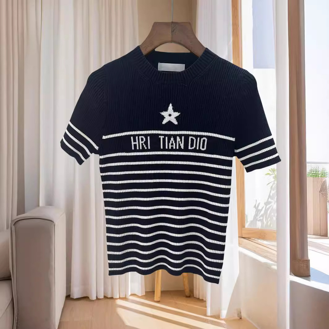 Picture of D home high quality 2024 spring new striped letter short sleeve sweater round neck star slim slim top women