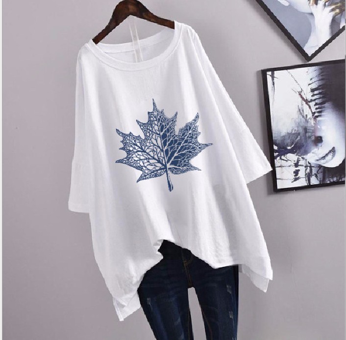 Picture of 100kg Plus Size Women's Summer Leaf Print Casual Slit Mid-Length Short Sleeve T-Shirt Loose Oversized Style