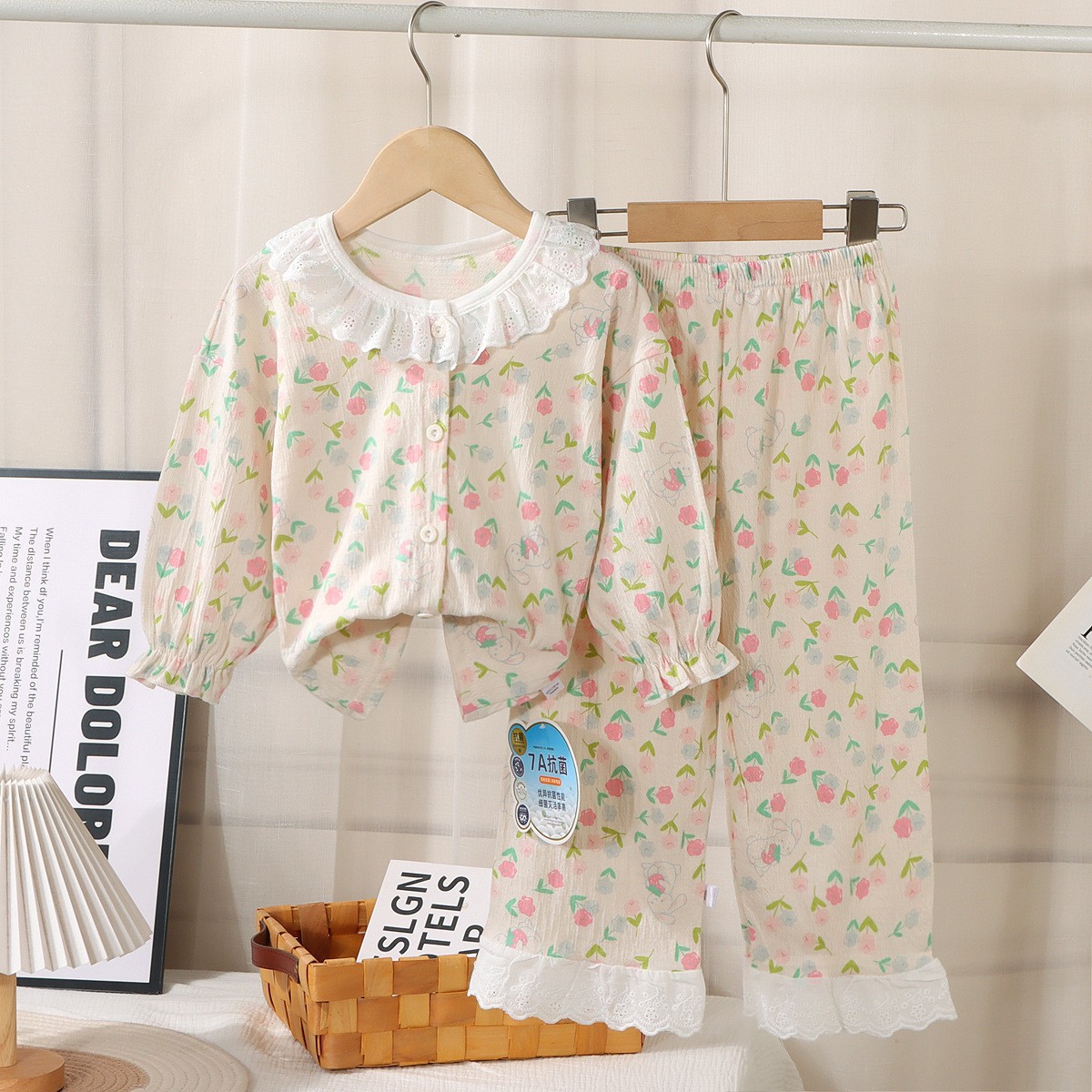 Picture of Children's Stretch Cotton Yarn suit Lace Baby Spring Cardigan Home Clothes Korean Style Cute Air-conditioning Clothes Pajamas