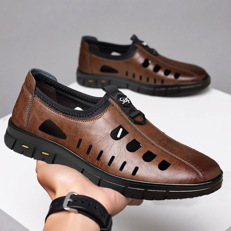 Hollow Leather Shoes for Men, Breathable Leather Shoes for Summer, Cool Round Toe, Thin Sole, Lazy Slip-Ons, Lightweight Driving Leather Shoes for Men