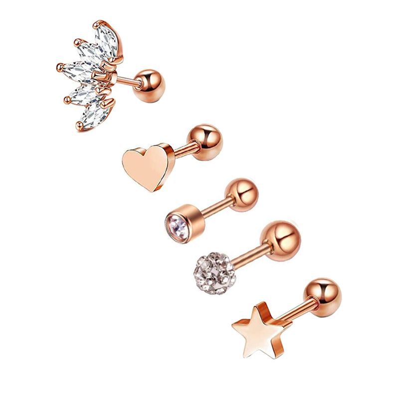 Picture of 5-Piece Set of Amazon Geometric Stainless Steel Zircon Earrings Cross-Border European and American Piercing Jewelry Silver Twisted Tooth Earrings