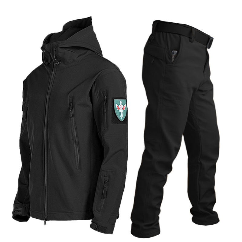 Winter Outdoor Shark Skin Soft Shell Suit Men's Windproof Military Fan Tactical Jacket Fleece-lined Thickened Mountaineering Suit