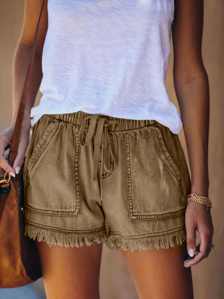 Picture of European and American Foreign Trade Cross-Border Supply Elastic Waist Casual High Waist Slim Tassel Denim Shorts for Women