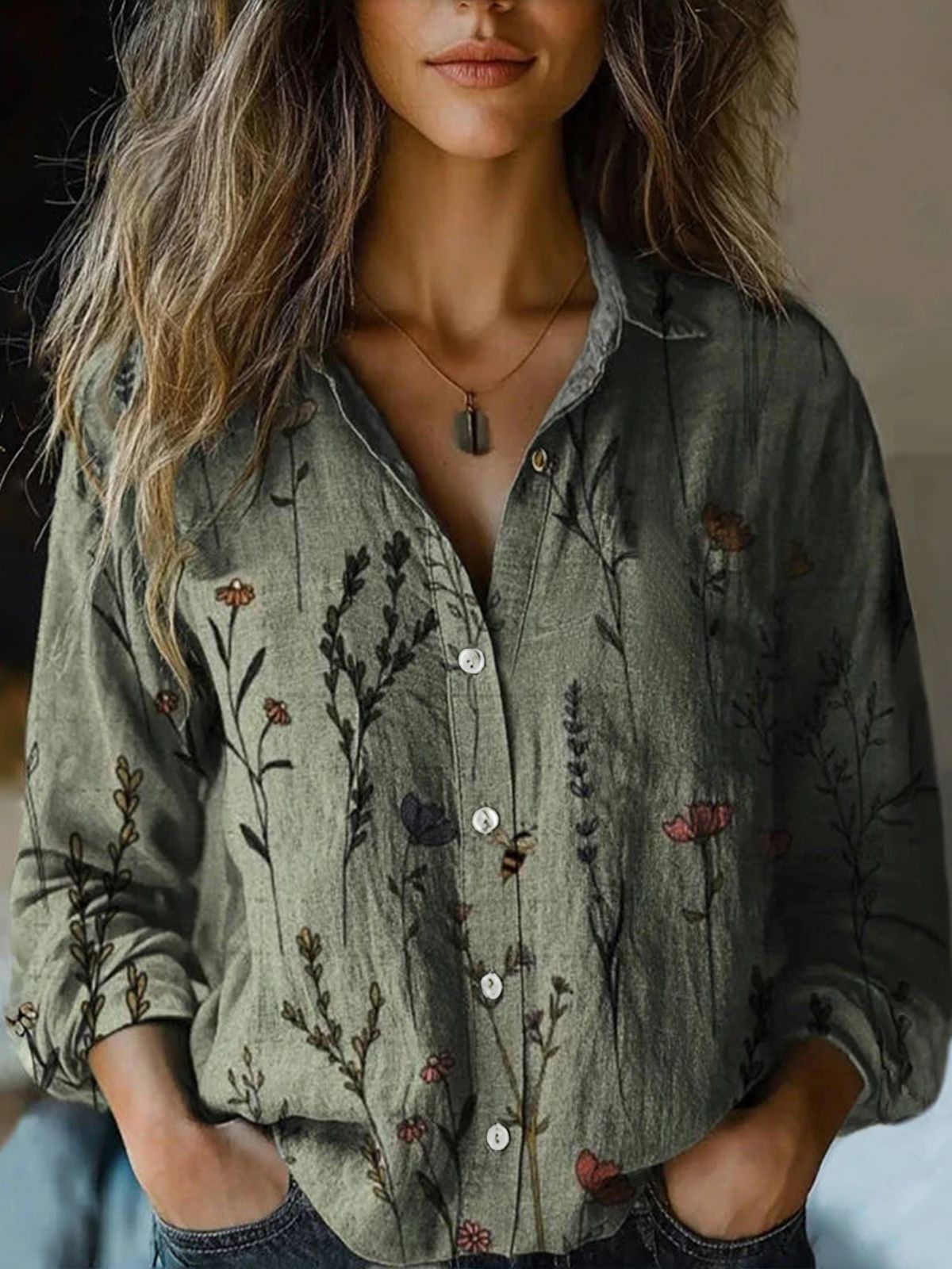 Picture of 2025 Cross-border European and American Foreign Trade Women's Spring and Summer New Retro Printed Long-sleeved Casual Shirt Imitation Cotton and Linen Shirt