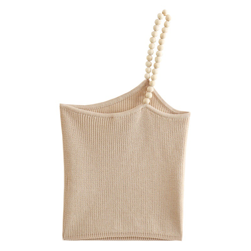 Cross-border foreign trade 2022 summer women's clothing wholesale European and American style new asymmetric beads one-shoulder knitted sling top