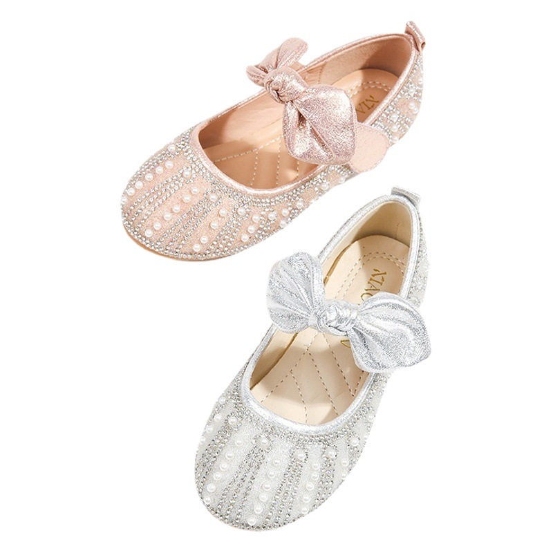 Girls Princess Shoes 2023 Spring New Children's Cute Soft Bottom Crystal Shoes Little Girls Flat Bow Shoes